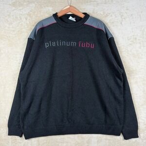 Vintage Platinum Fubu Sweater Mens 2XL Spellout Knit Elbow Pads Crew Hip Hop Y2k